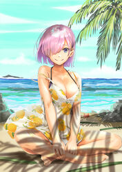  aiueonesan_(umanaminoatama) alternate_costume beach bikini bikini_under_clothes breasts cleavage collarbone commentary_request crab day dress fate/grand_order fate_(series) female hair_over_one_eye large_breasts looking_at_viewer mash_kyrielight ocean orange_print outdoors palm_tree purple_eyes purple_hair short_hair sitting smile solo spaghetti_strap strap_slip sundress swimsuit tree 