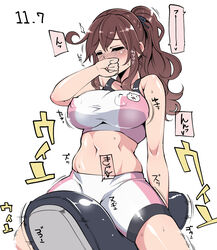  bike_shorts blush breasts brown_hair commentary_request cosplay covered_nipples female gundam gundam_build_fighters gundam_build_fighters_try hanauna highres hoshino_fumina hoshino_fumina_(cosplay) kantai_collection large_breasts long_hair name_connection noshiro_(kancolle) ponytail riding_machine solo sweat translation_request 