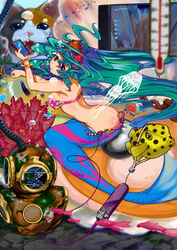  commentary crackdown diving_helmet feline female fish helmet highres jellyfish mermaid metroid metroid_(creature) monster_girl nora_(nora7) original photoshop_(medium) puffer_fish solo thermometer underwater 