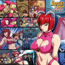  2boys 5girls animal_ears ass bat_wings blue_mountain breasts brown_hair cleavage cleavage_cutout closed_mouth clothing_cutout commentary_request cross crucifixion demon_girl demon_wings fingernails fushisha_o holly_(monster_farm) horns jell_(monster_farm) large_breasts looking_at_viewer magma_gummy manna_(monster_farm) mint_(monster_farm) monster_farm monster_girl mopsy_(monster_farm) multiple_boys multiple_girls nail_polish navel open_mouth pink_golem_(monster_farm) pixie_(monster_farm) punching red_eyes red_hair revealing_clothes sakura_genki short_hair tail vanity_(monster_farm) wings 