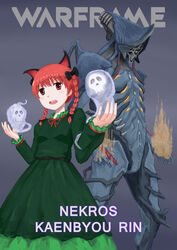  1boy animal_ears bow braid cat_ears character_name commentary_request crossover dress extra_ears female ghost green_dress hairbow highres ikastep kaenbyou_rin long_hair looking_at_viewer nekros_(warframe) photoshop_(medium) power_connection red_eyes red_hair touhou twin_braids twintails warframe 