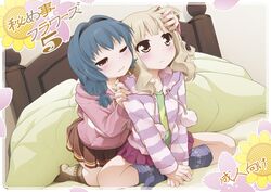  2girls bed blonde_hair blue_hair blush casual crossed_legs furutani_himawari goyacchi hair_ornament hairband hairclip hand_on_another&#039;s_head hand_on_shoulder heart heart_print hood hoodie kneehighs long_hair multiple_girls oomuro_sakurako pillow short_hair sitting skirt socks striped_clothes striped_hoodie yuri yuru_yuri 