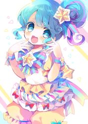  :3 :d bad_id bad_pixiv_id blue_eyes blue_hair bow commentary cowboy_shot female frills hair_bun hair_ornament multicolored_bow nekoto_rina oerba_yun_fang open_mouth pinon_(pripara) pretty_series pripara puffy_shorts red_bow shorts single_hair_bun smile solo star_(symbol) star_hair_ornament striped striped_bow wrist_cuffs 