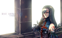  bad_id bad_pixiv_id black_hair bleedingsonata blue_eyes bridal_gauntlets castlevania_(series) castlevania_judgment cross eyelashes feathers female highres hood lens_flare nun photoshop_(medium) shanoa smile solo sunlight tattoo 