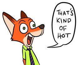  2017 anthro canid canine clothed clothing colored dialogue dipstick_ears disney ear_markings english_text fox fur genosaurer green_eyes half-length_portrait humor lol_comments male mammal manwithnobats meme multicolored_ears necktie nick_wilde orange_body orange_fur parody portrait reaction_image red_fox shirt simple_background solo speech_bubble text that&#039;s_kind_of_hot topwear true_fox white_background zootopia 