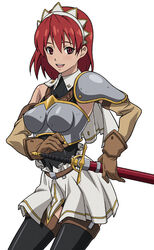  armor cecily_cambell female impossible_armor photoshop_(medium) red_hair seiken_no_blacksmith short_hair skirt solo sword takapiko thighhighs weapon 