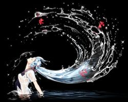  black_background blue_hair bon_nob bottle_miku closed_eyes commentary female fish hair_ribbon hatsune_miku liquid_hair long_hair partially_submerged revision ribbon school_uniform see-through serafuku solo splashing very_long_hair vocaloid water wet whipping_hair 