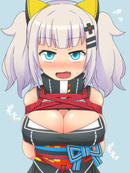  arms_behind_back bad_id bad_pixiv_id blue_background blue_eyes blush bondage bondage bound breasts breasts_squeezed_together cleavage cleavage_cutout clothing_cutout commentary_request female grey_hair half-closed_eyes honehone kaguya_luna large_breasts looking_at_viewer oerba_yun_fang open_mouth restrained rope simple_background solo the_moon_studio twintails upper_body virtual_youtuber 