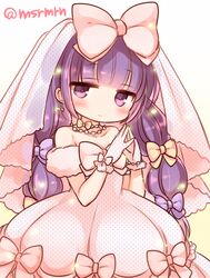  bad_id bad_pixiv_id bare_shoulders blunt_bangs blush bow breasts bridal_veil closed_mouth collarbone commentary_request dress earrings female gloves gradient_background hairbow jewelry long_hair looking_at_viewer low_twintails mashiro_miru necklace patchouli_knowledge pearl_necklace pink_bow pink_dress pink_gloves polka_dot polka_dot_dress polka_dot_gloves purple_bow purple_eyes purple_hair see-through sidelocks small_breasts smile solo steepled_fingers strapless strapless_dress touhou twintails twitter_username veil very_long_hair wedding_dress white_background yellow_background yellow_bow 