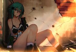  boots green_eyes green_hair gun gun_gale_online shinon_(sao) short_hair socks sola7764 sword_art_online weapon 