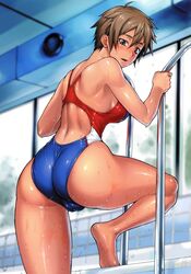  absurdres ass bang-you bare_shoulders blue_eyes blue_one-piece_swimsuit blush breasts brown_hair cameltoe competition_swimsuit female from_behind hair_between_eyes highres indoors large_breasts looking_at_viewer looking_back one-piece_swimsuit open_mouth original paint.net_(medium) pool pool_ladder poolside racerback scan shiny_clothes shiny_skin short_hair skin_tight solo swimsuit tan water wet 