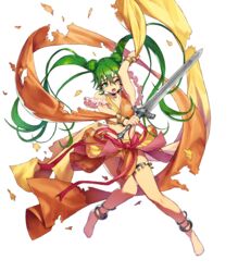  anklet arm_up bare_shoulders barefoot breasts choker chyko commentary_request dancer double_bun earrings female fire_emblem fire_emblem:_genealogy_of_the_holy_war fire_emblem_heroes full_body green_eyes green_hair hair_bun highres holding holding_sword holding_weapon jewelry long_hair medium_breasts midriff navel official_art one_eye_closed open_mouth silvia_(fire_emblem) skirt solo sword thigh_strap toes torn_clothes transparent_background twintails weapon 