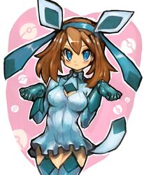  :3 alternate_costume animal_ears blue_dress blue_eyes blue_gloves blue_hairband blue_necktie blue_thighhighs blush_stickers breasts brown_hair cleavage cleavage_cutout closed_mouth clothing_cutout collared_dress commentary_request cosplay covered_navel cowboy_shot dakusuta diamond_(shape) dress eyebrows fake_animal_ears fake_tail female glaceon glaceon_(cosplay) gloves hair_between_eyes hairband heart highres legs_together long_hair long_sleeves may_(pokemon) medium_breasts necktie outline paw_pose poke_ball pokemon pokemon_rse short_dress smile solo standing tail thighhighs white_outline zettai_ryouiki 