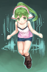  :o android bare_arms bare_shoulders blue_shorts blush brown_socks charu_(saru_getchu) commentary_request denim denim_shorts eichisu female green_eyes green_hair joints loafers long_hair open_mouth ponytail robot_joints saru_getchu shoes shorts socks solo tank_top 