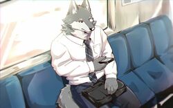  16:10 anthro briefcase canid canine canis cellphone clothed clothing electronics fuguri fully_clothed fur hi_res male mammal phone sitting subway suit train vehicle widescreen wolf 