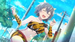  animal_print beans closed_eyes collarbone cowboy_shot detached_sleeves dutch_angle fake_horns female game_cg grey_hair highres higurashi_no_naku_koro_ni higurashi_no_naku_koro_ni_mei horns kimiyoshi_kazuho lens_flare light_rays mamemaki midriff navel non-web_source official_art oni_costume open_mouth outdoors power_lines running setsubun short_hair shorts solo sparkle sunbeam sunlight tears tiger_print tree utility_pole yellow_shorts 