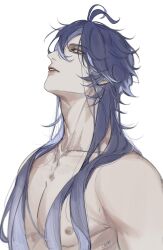  1boy adam&#039;s_apple antenna_hair collarbone empty_eyes flins_(genshin_impact) genshin_impact head_back highres liann1009 lips long_hair looking_to_the_side looking_up male_focus nipples nude parted_bangs parted_lips pectorals simple_background solo teeth upper_body very_long_hair white_background yellow_eyes 