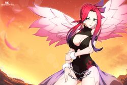  axasempai bare_shoulders black_one-piece_swimsuit breasts chains cowboy_shot earrings feathered_wings feathers ferham_(mega_man) green_eyes hair_bun highres jewelry large_breasts mega_man_(series) mega_man_x:_command_mission mega_man_x_(series) mega_man_x_dive one-piece_swimsuit pink_feathers pink_wings red_hair robot_ears robot_girl sunset swimsuit wings 