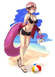  bag bare_shoulders beach bikini black_bikini black_hairband black_shorts blue_eyes blush breasts cleavage collarbone female hair_between_eyes hairband halterneck head_wings highres holding holding_bag hololive jacket large_breasts looking_at_viewer multi-strapped_bikini_bottom navel pink_hair pink_wings qdx4p red_jacket short_hair shorts smile solo sunglasses swim_ring swimsuit takane_lui virtual_youtuber wings 