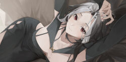  arm_behind_head arms_up bed_sheet black_dress black_hair blush breasts brown_eyes chinese_commentary closed_mouth commentary_request cowboy_shot detached_sleeves downblouse dress evening_gown female fingernails from_above goddess_of_victory:_nikke grey_hair highres hip_vent large_breasts long_hair long_sleeves looking_at_viewer lying multicolored_hair official_alternate_costume on_back parted_bangs rosanna_(ms.dangerous)_(nikke) rosanna_(nikke) side_slit sleeveless sleeveless_dress sleeves_past_wrists solo spaghetti_strap two-tone_hair xuegao_ice 