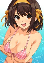  :d absurdres arms_under_breasts bikini breasts brown_eyes brown_hair cleavage collarbone commentary_request female hair_ribbon hairband haruhisky highres large_breasts navel open_mouth pink_bikini ribbon smile solo stomach striped_bikini striped_clothes suzumiya_haruhi suzumiya_haruhi_no_yuuutsu swimsuit teeth tongue upper_teeth_only vertical-striped_bikini vertical-striped_clothes water wet yellow_hairband yellow_ribbon 