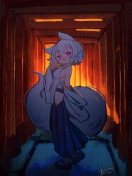  absurdres alternate_costume animal_ears blue_skirt breasts chii_(tsumami_tsumamare) detached_sleeves female from_side full_body hat highres hip_vent index_finger_raised inubashiri_momiji long_skirt looking_at_viewer multiple_torii okobo platform_sandals pleated_skirt purple_eyes sandals shirt short_hair sideboob signature skirt sleeveless sleeveless_shirt solo tail tokin_hat torii touhou white_background white_shirt wide_sleeves wolf_ears wolf_girl wolf_tail 