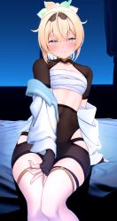  absurdres ahoge aqua_eyes black_gloves black_hairband black_shorts black_shrug blonde_hair blush bow breasts chest_sarashi closed_mouth commentary_request covered_navel crossed_bangs curtains double-parted_bangs female fingerless_gloves gloves hair_between_eyes hair_flaps hairband hairbow haori high-waist_shorts highres hip_vent hololive indoors japanese_clothes kazama_iroha kazama_iroha_(1st_costume) linea_alba looking_at_viewer mawata0618 night off_shoulder on_bed ponytail sarashi short_hair short_sleeves shorts shrug_(clothing) sitting skin_tight small_breasts solo straight-on tabi thigh_strap thighhighs virtual_youtuber white_haori white_thighhighs window 