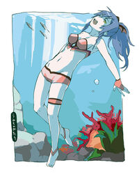  armpits barefoot blue_hair commentary_request drill_hair feet female fish head_wings legs long_hair lowleg mole mole_under_eye one_eye_closed open_mouth photoshop_(medium) short_shorts shorts solo takishima_asaka thigh_strap umi_monogatari underwater warin wings yellow_eyes 