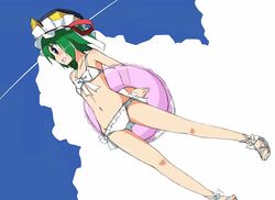  bikini blue_eyes blush commentary_request female flat_chest front-tie_top frown green_hair hat innertube morino_harifu navel pigeon-toed shiki_eiki short_hair side-tie_bikini_bottom sky solo swim_ring swimsuit touhou 