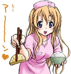  blonde_hair blue_eyes bowl chopsticks commentary_request female food k-on! kotobuki_tsumugi long_hair lowres nurse oekaki peter_(gvb) rice rice_bowl solo takuan 