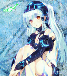  aqua_hair blush brown_eyes commentary_request ein_(long_cake) elbow_gloves female gloves hair_tubes hugging_own_legs long_hair neon_trim original solo tattoo 