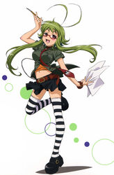  absurdres antenna_hair asu_no_yoichi belt blush female flipped_hair glasses green_hair happy highres ikaruga_chihaya leg_lift legs long_hair midriff morishima_noriko necktie paper pen photoshop_(medium) purple_eyes short_hair_with_long_locks sidelocks skirt solo striped_clothes striped_thighhighs thighhighs zettai_ryouiki 