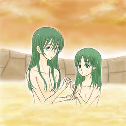  2girls artist_request bath bracelet erin_(kemono_no_souja_erin) green_eyes green_hair jewelry kemono_no_souja_erin long_hair lowres mother_and_daughter multiple_girls nude onsen same-sex_bathing shared_bathing sky soyon_(kemono_no_souja_erin) wet wet_hair 