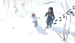  2girls bag beanie coat commentary_request footprints hat lolicon multiple_girls original scarf snow yukihiroyuki 