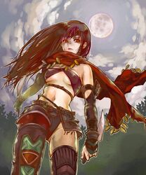  armor bad_id bad_pixiv_id black_hair cape cloud fantasy_earth fantasy_earth_zero female knife long_hair moon red_eyes scout_(clair_outfit)_(fantasy_earth_zero) scout_(fantasy_earth) solo suga_koharu thighhighs weapon 