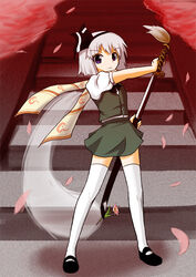  black_hairband blue_eyes commentary_request female flower ghost grey_hair hairband hitodama katana kirin_tarou konpaku_youmu konpaku_youmu_(ghost) petals photoshop_(medium) scarf sheath short_hair solo standing sword thighhighs touhou unsheathing weapon zettai_ryouiki 