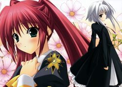  2girls absurdres black_dress blush cosmos_(flower) dress feet_out_of_frame floral_background flower green_eyes hand_on_own_chest hand_up highres izumi_sora long_hair long_sleeves looking_at_viewer multiple_girls parted_lips pink_flower puffy_short_sleeves puffy_sleeves red_hair school_uniform short_hair short_hair_with_long_locks short_sleeves silver_hair sora_(stellar_theater) standing star_(symbol) star_print stellar_theater suzuhira_hiro twintails upper_body white_flower 