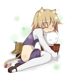  animal_ears bad_id bad_pixiv_id blonde_hair cat_ears cat_tail clothes_pull drooling female happy hat kazami_ryouya kemonomimi_mode moriya_suwako no_panties pyonta saliva short_hair skirt skirt_pull sleeping solo tail thighhighs touhou unworn_hat unworn_headwear white_thighhighs 