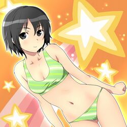  amagami arms_at_sides bad_id bad_pixiv_id bikini black_eyes black_hair blush body_blush breasts cleavage clenched_hand cowboy_shot female fujisawa_takashi green_bikini hair_between_eyes light_particles looking_at_viewer medium_breasts nanasaki_ai navel orange_background outline shooting_star short_hair solo sports_bikini standing star_(symbol) striped_bikini striped_clothes swimsuit taut_bikini taut_clothes wide_hips wrist_extended 