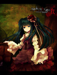  blood blood_splatter blue_eyes blue_hair blunt_bangs bow commentary_request cross-laced_clothes cross-laced_skirt end_of_the_golden_witch female flower frilled_skirt frills furudo_erika hair_flower hair_ornament high-waist_skirt pink_bow red_flower red_rose ribbon rose skirt solo suzushiro_kurumi twintails umineko_no_naku_koro_ni 