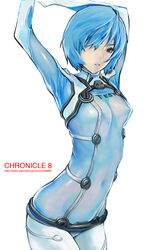  arms_up ayanami_rei blue_bodysuit blue_hair bodysuit breasts commentary_request covered_navel covered_nipples cowboy_shot evangelion:_2.0_you_can_(not)_advance female hair_over_one_eye highres kiyohisa medium_breasts neon_genesis_evangelion pale_skin pilot_suit plugsuit rebuild_of_evangelion red_eyes science_fiction short_hair simple_background solo stretching teeth test_plugsuit white_background 