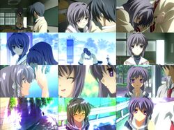  1boy 2girls alternate_hairstyle anime_screenshot blue_eyes blue_hair clannad fujibayashi_kyou fujibayashi_ryou heartbreak_haircut ikeda_kazumi motor_vehicle multiple_girls okazaki_tomoya ribbon school_uniform scooter short_hair tears 