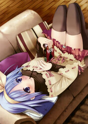  absurdres blue_hair blush couch female food hairband highres ikawa_waki lying miniskirt panties pantyshot pillow pocky purple_eyes purple_hair short_hair skirt solo stellar_theater tachibana_satsuki thighhighs underwear 