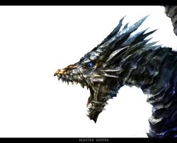  commentary_request dragon from_side kushala_daora letterboxed monster monster_hunter_(series) no_humans profile scales sharp_teeth simple_background solo spikes teeth white_background yatsude 