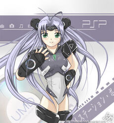  antenna_hair blush female green_eyes grey_hair handheld_game_console leotard long_hair lowres murasaki-hoshi photoshop_(medium) playstation_portable psp-tan smile solo umd 