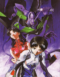  1boy absurdres black_hair blue_bodysuit bodysuit breasts brown_eyes building cable combat_knife earrings eva_01 evangelion_(mecha) female glowing glowing_eyes glowing_weapon headgear highres holding holding_knife holding_weapon horns ikari_shinji interface_headset jewelry katsuragi_misato knife long_hair mecha mechanical_horns medium_breasts multicolored_bodysuit multicolored_clothes neon_genesis_evangelion photoshop_(medium) plugsuit prog_knife robot sadamoto_yoshiyuki scan science_fiction single_horn weapon white_bodysuit 