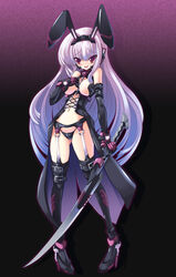  animal_ears armor ball_gag bare_shoulders blush breasts commentary_request elbow_gloves female full_body gag gag_around_neck gloves high_heels highres kuro_uso-ko leotard light_purple_hair long_hair looking_at_viewer medium_breasts navel original photoshop_(medium) pigeon-toed rabbit_ears red_eyes revealing_clothes shoes solo standing stomach sword thighhighs torisan ungagged unworn_gag weapon wiffle_gag 