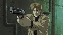  1boy absurdres anime_screenshot brown_hair coat ghost_in_the_shell ghost_in_the_shell_stand_alone_complex gun handgun highres male_focus mateba_2008m mullet revolver solo togusa_(gits) weapon 