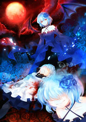  2girls bad_id bad_pixiv_id bat_wings blood blue_hair cloud cross crossover dhiea dress dual_persona elysion flower hair_flower hair_ornament izayoi_sakuya maid moon multiple_girls night night_sky petals red_moon remilia_scarlet sky sound_horizon stella_(sound_horizon) touhou wings 