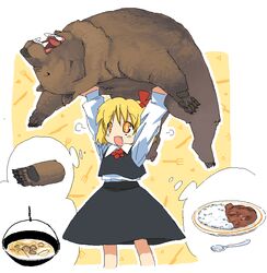  +_+ :d animal bad_id bad_pixiv_id bear blonde_hair carrying carrying_overhead female food hair_ribbon lifting_animal no_nose oekaki oerba_yun_fang open_mouth ribbon rumia skin_fang smile solo spoon tonbi touhou yellow_eyes 